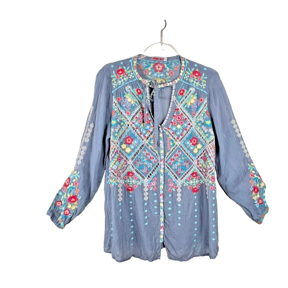Johnny Was Arges Blouse Small Floral Embroidered‎ Tie Neck Boho Top